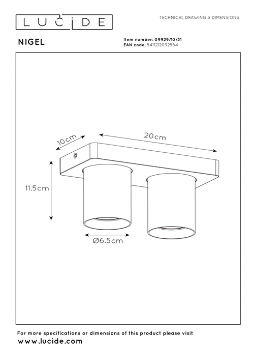 Lucide NIGEL - Foco de techo - LED Dim to warm - GU10 - 2x5W 2200K/3000K - Blanco - técnico